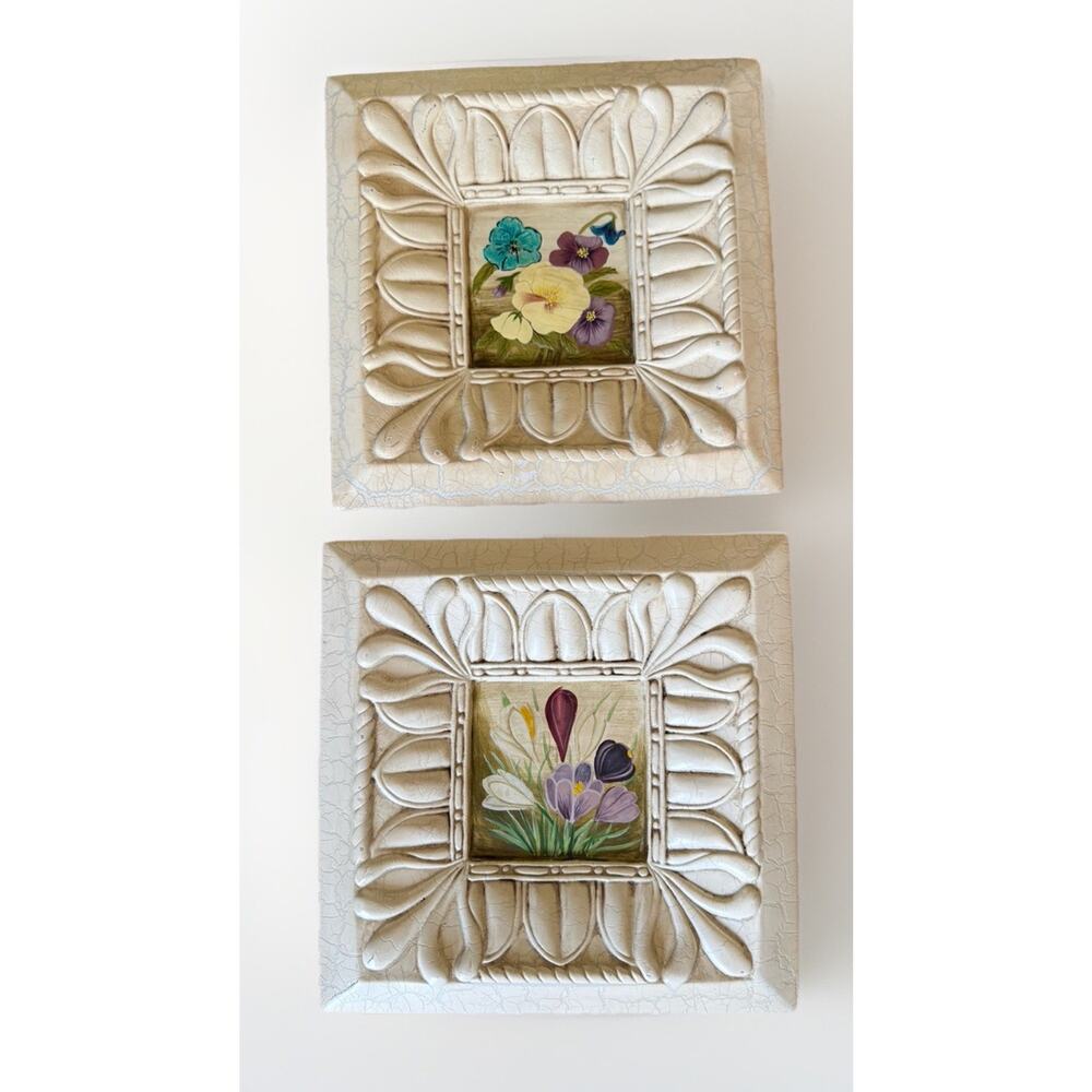Vintage Hand Painted Floral Heavy Resin Pictures Set Of Two 10” Textured Frame